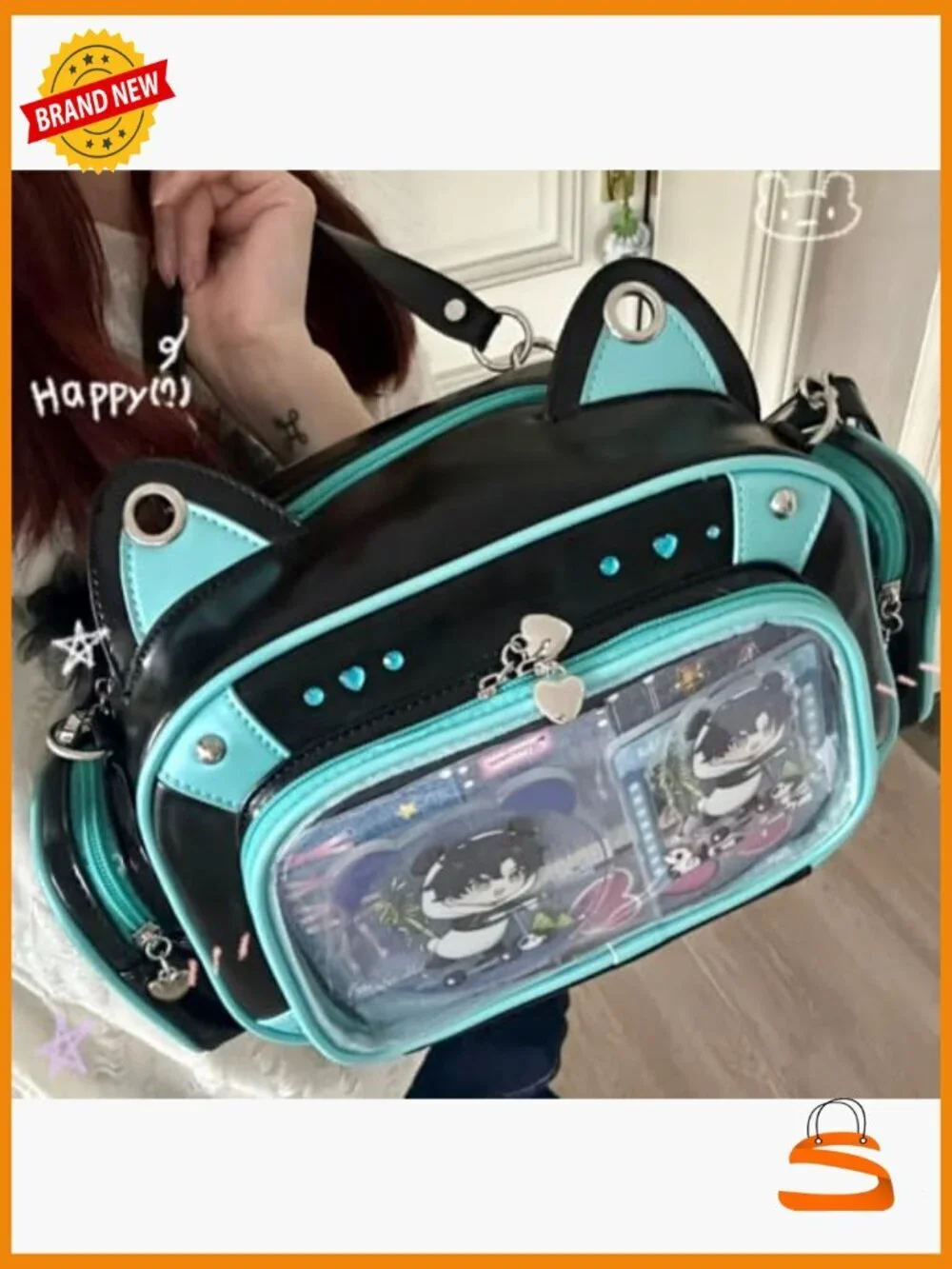 Ita Bag with Clear Window for Pin Display - Kawaii Cat Backpack Purse
